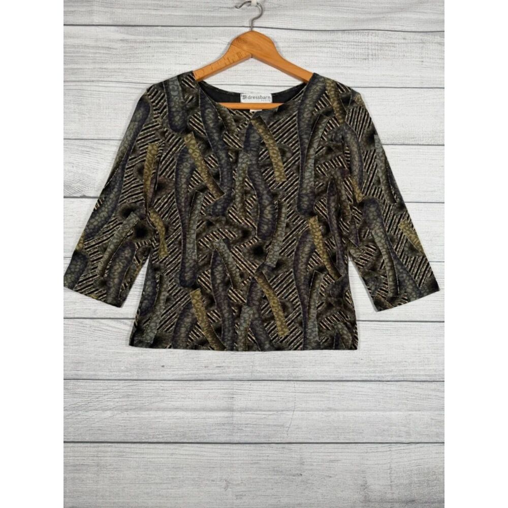 Vintage Dressbarn Petite PM Black Gold Abstract Metallic 3/4 Sleeve Top 4154